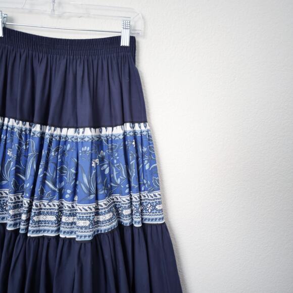 [Vintage] Atelier Provencal Blue Floral Striped Tiered Full Maxi Skirt Sz Medium - Picture 7 of 10